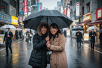 2 women under an umbrella and the rain in a street of tokyo they are smiling but seem cold
