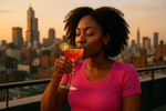 a black woman wearing a pink top and drinkin a cocktail on a rooftop