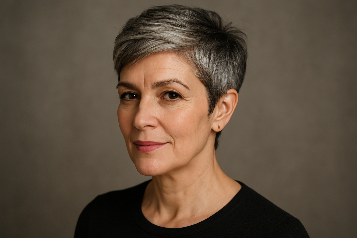 a women in her 50s with short hair pixie cut gray and black