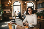 woman who work on her laptop but looking at the camera she is in a cafe